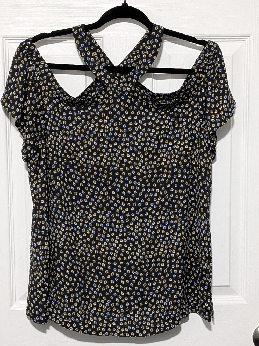 LOFT Cold Shoulder Criss Cross Halter Neck Top Navy Blue Geometric Print Sz Med